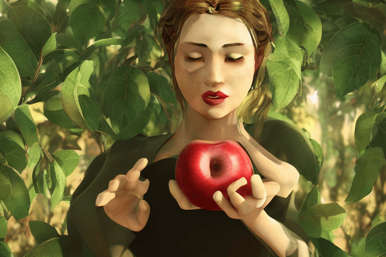 A picture of a woman holding an apple