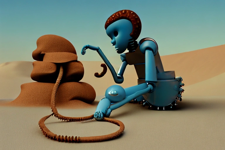 A picture of a robot arm in the desert with a sand sculpture of a sad boy with an octopus for a head