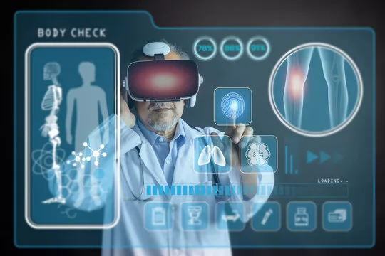 Digital medical health futuristic and global metaverse technology, doctor wearing best VR headset eq