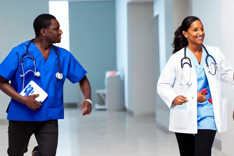 A doctor running towards a patient in a hospital room with an emergency kit.