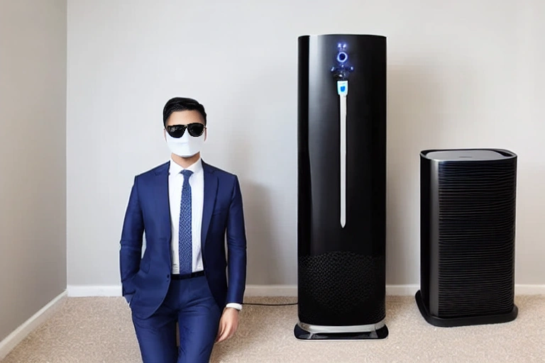 A human figure wearing a suit and sunglasses stands in front of a quality air purifier. The air puri