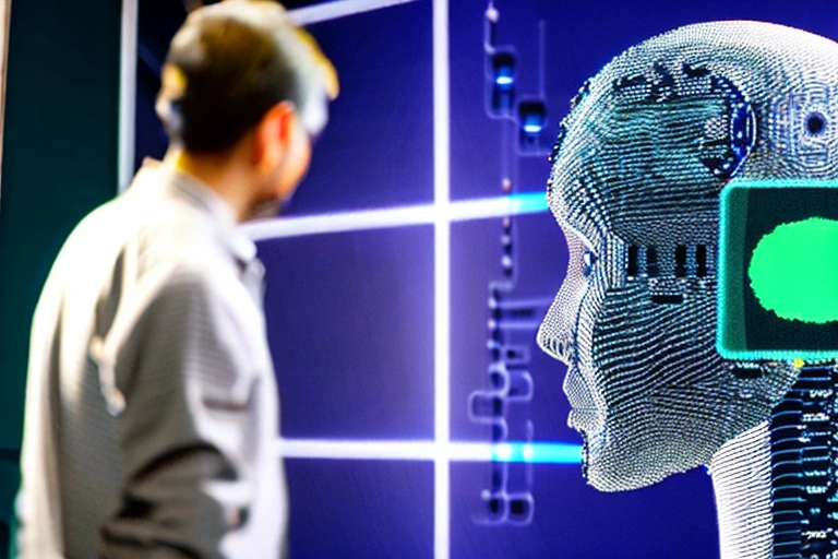 A human looking at an image of a robot that has been programmed with artificial intelligence