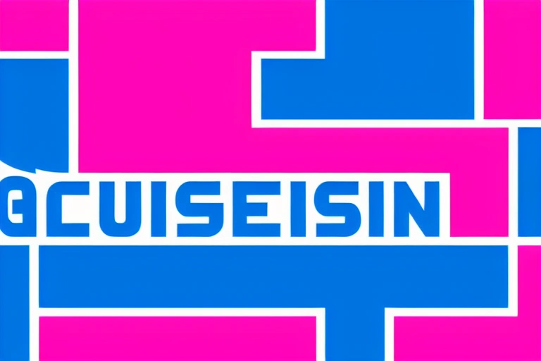 A logo with a blue and pink checkerboard in the center