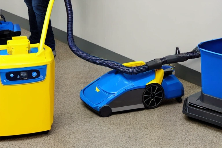A machine that is cleaning. It is yellow and has a blue light coming from it.