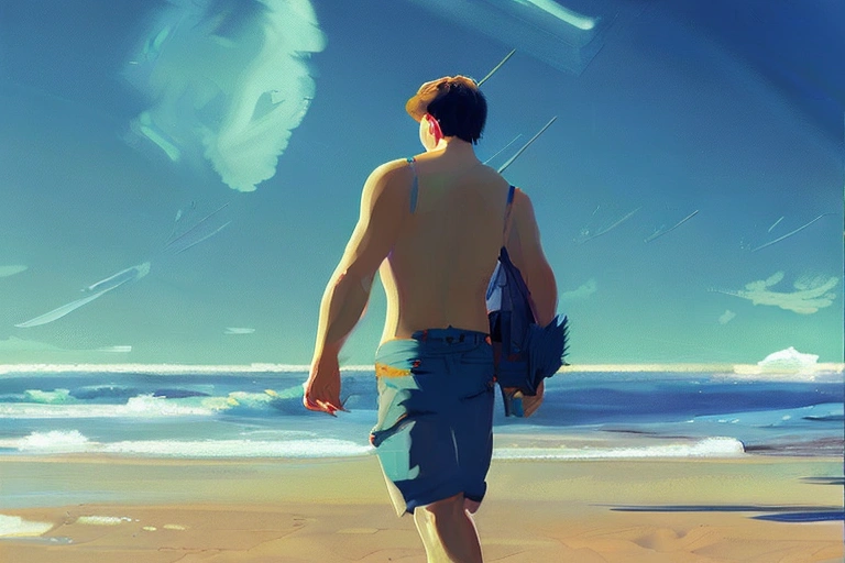 A man walking on a beach with a drone in hand. Cinematic. HD. Detailed. Full body. By Makoto Shinka