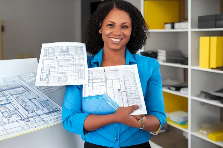 A woman clutching a stack of blueprints
