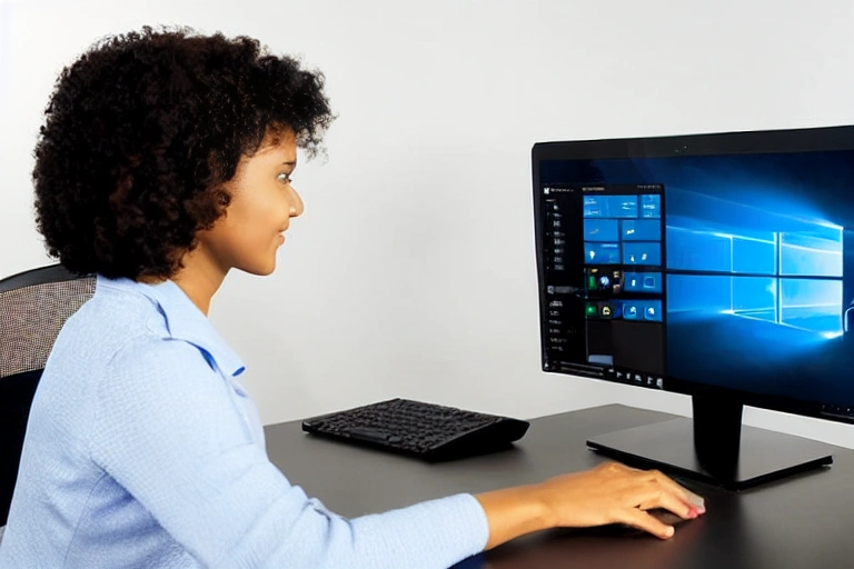 A woman is sitting in front of a computer screen