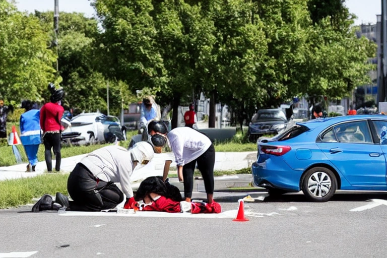 A woman tending to a person who has been hit by a car. She has a first-aid kit at her feet.