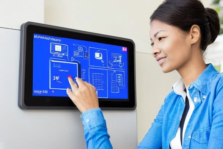 A woman using a touch screen device to input information into a computer.