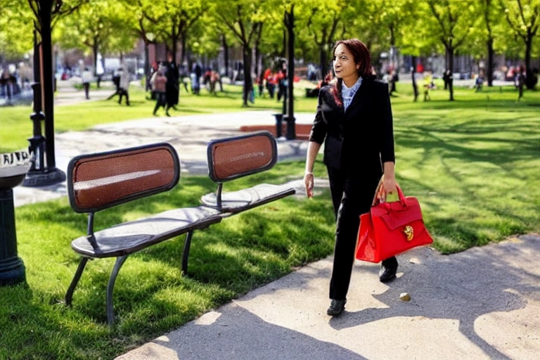 A woman walks through a park with a bag of money in hand. She looks around to see if there are any f