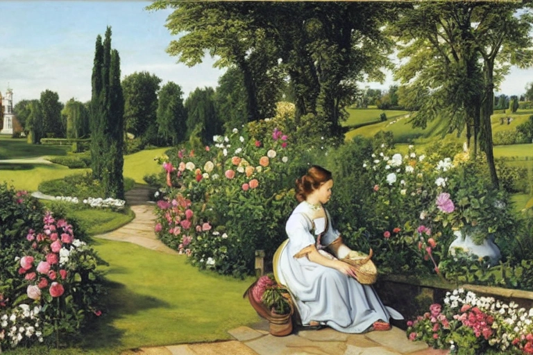 A young woman is sitting in a garden