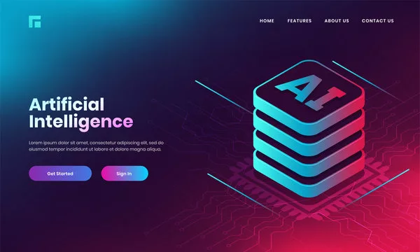 Artificial Intelligence (AI) concept based landing page design with 3d AI web server on digital circ