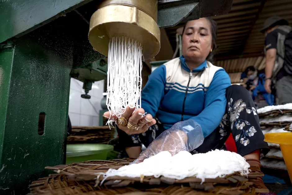 Ethnic lady making noodle on metal machine and wooden covers in factory near people in Vietnam