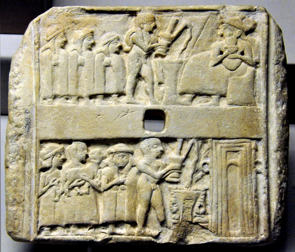 File:Wall plaque showing libation scene from Ur, Iraq, 2500 BCE. British Museum (adjusted for perspe