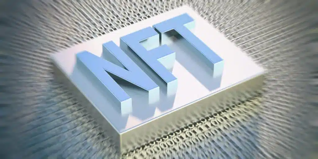 NFT Non Fungible Token text on dark binary technology background. 3d illustration - the word nt on a