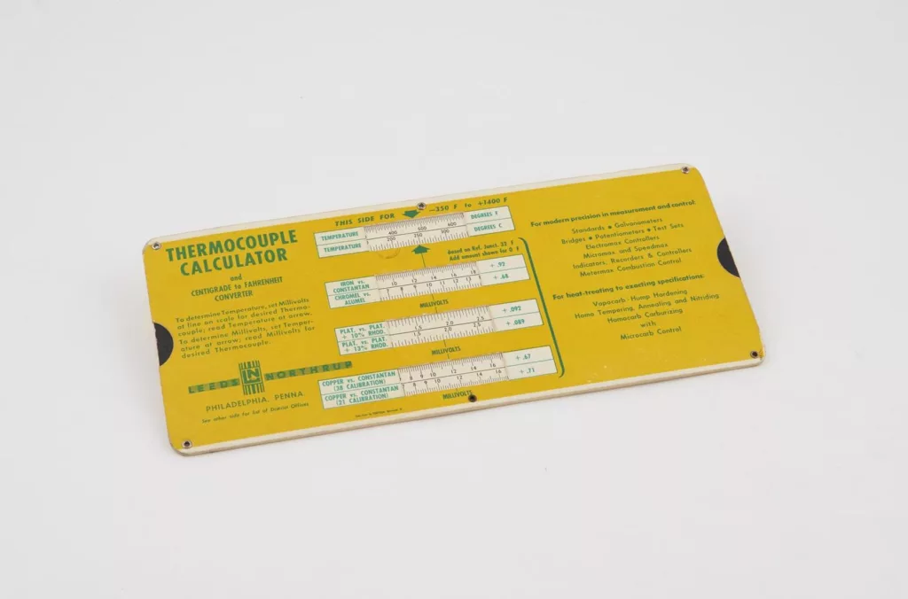 Thermocouple calculator with centigrade to Fahreheit converter by Leeds Northrup (ready reckoner (te