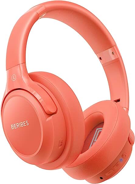 BERIBES Wireless Over-Ear Headphones with 65H Playtime, 6 EQ Music Modes, and Microphone - Orange Red