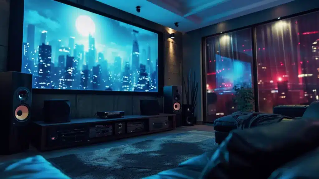 An image of a home theater setup with a high-quality sound system and a large screen displaying IMAX