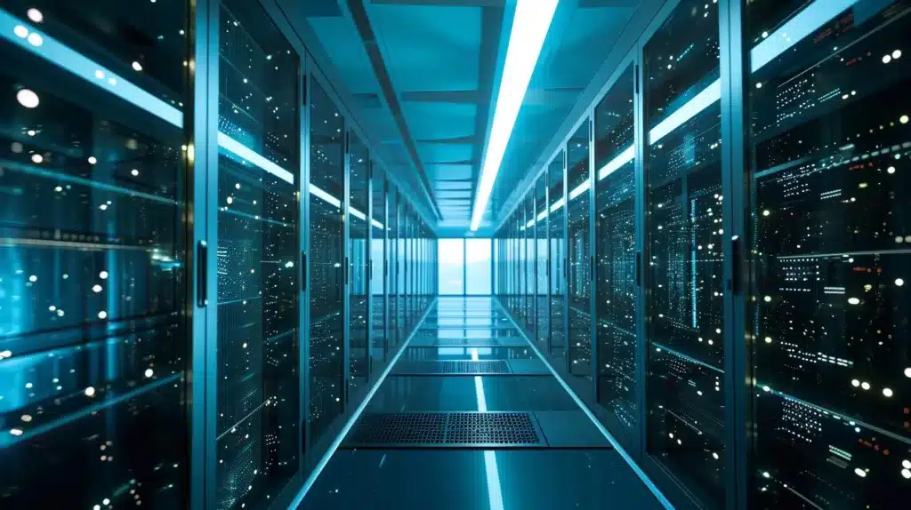 An image of a modern data center powered by renewable energy sources
