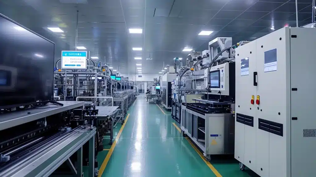 An image of a state-of-the-art QD-OLED TV production line with advanced machinery and technology.
