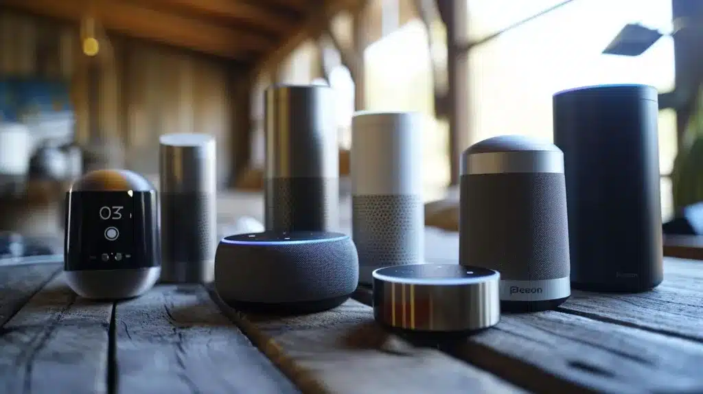 An image of a variety of smart speakers arranged in a stylish and modern setting