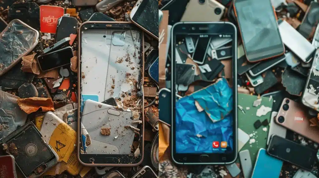 An image of a smartphone screen split into two sections - one side cluttered with junk files