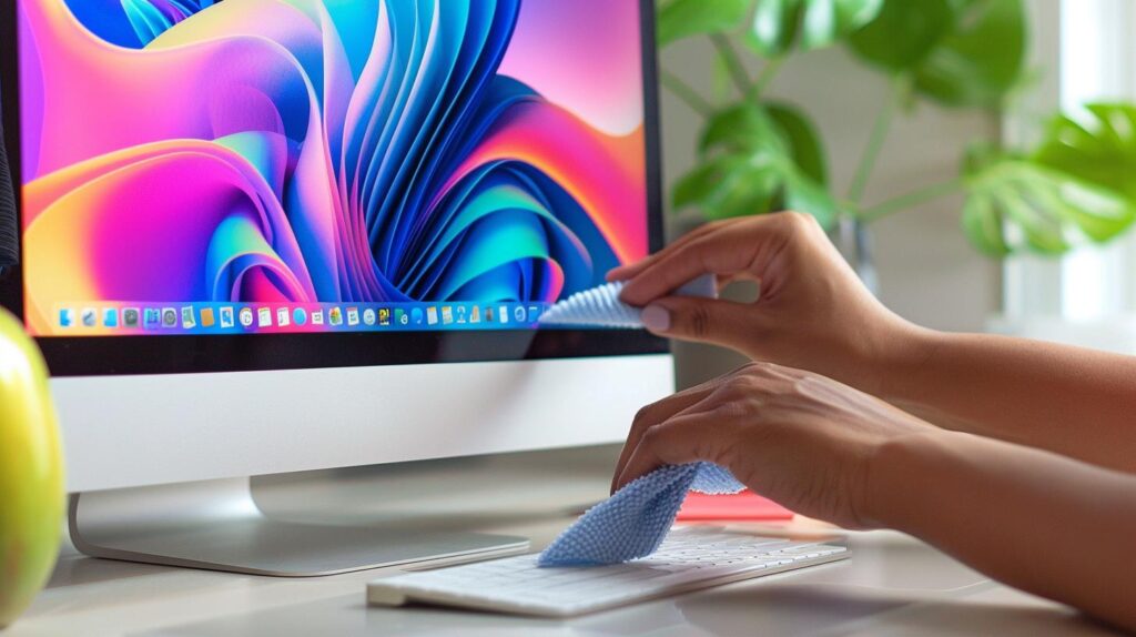 An image of a person gently wiping the screen of an iMac with a lint-free cloth